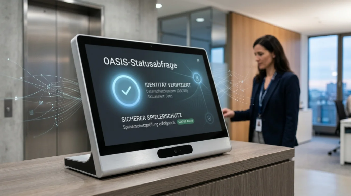 Symbolische Darstellung des bundesweiten OASIS-Spielersperrsystems mit digitaler Statusabfrage vor dem Spielbeginn