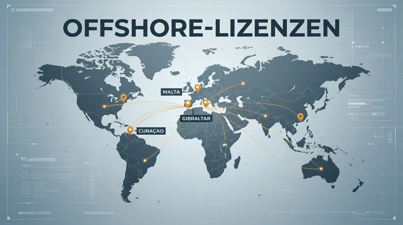 Weltkarte mit hervorgehobenen Offshore-Lizenz-Jurisdiktionen wie Malta und Curaçao im Kontext des Online-Glücksspiels