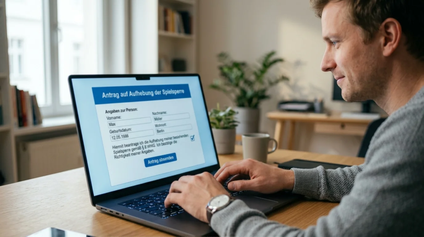 Person füllt ruhig ein digitales Formular zur Aufhebung einer Spielersperre beim Regierungspräsidium aus